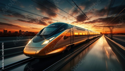 High-speed train traveling on tracks at sunset, symbolizing modern transportation and technological advancement.