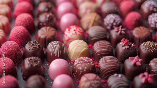 Close-up of an assortment of beautifully decorated gourmet chocolates