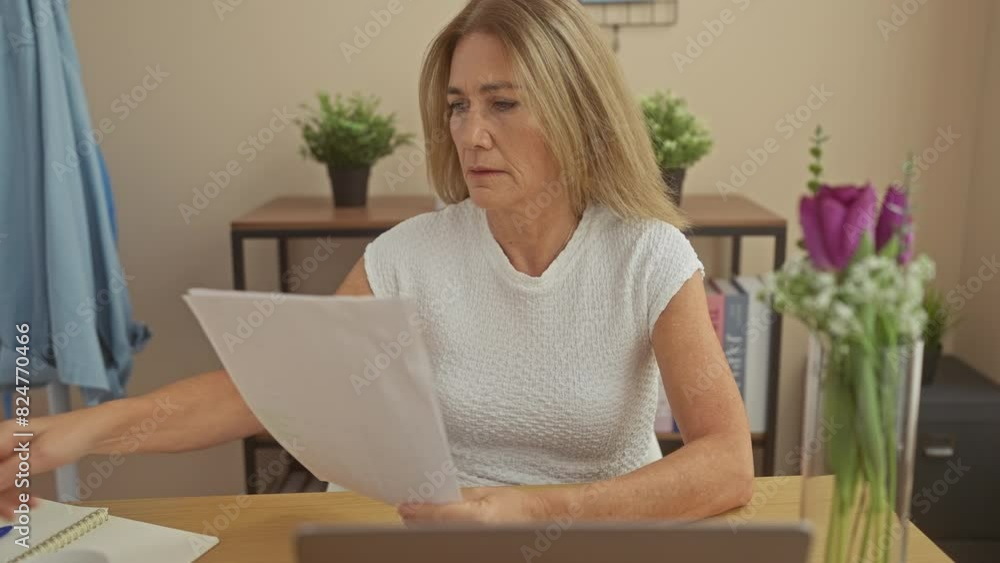 Mature woman working from home office with laptop and documents, wearing glasses in a well-lit living room. Mature woman working from home office with laptop and documents, wearing glasses in a well-lit living room.