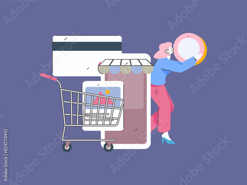 Holiday shopping people doing e-commerce online shopping flat vector concept operation hand drawn illustration
