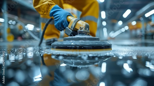 Close-up of a worker's hands controlling a professional floor buffer with cleaning solution on a reflective industrial floor