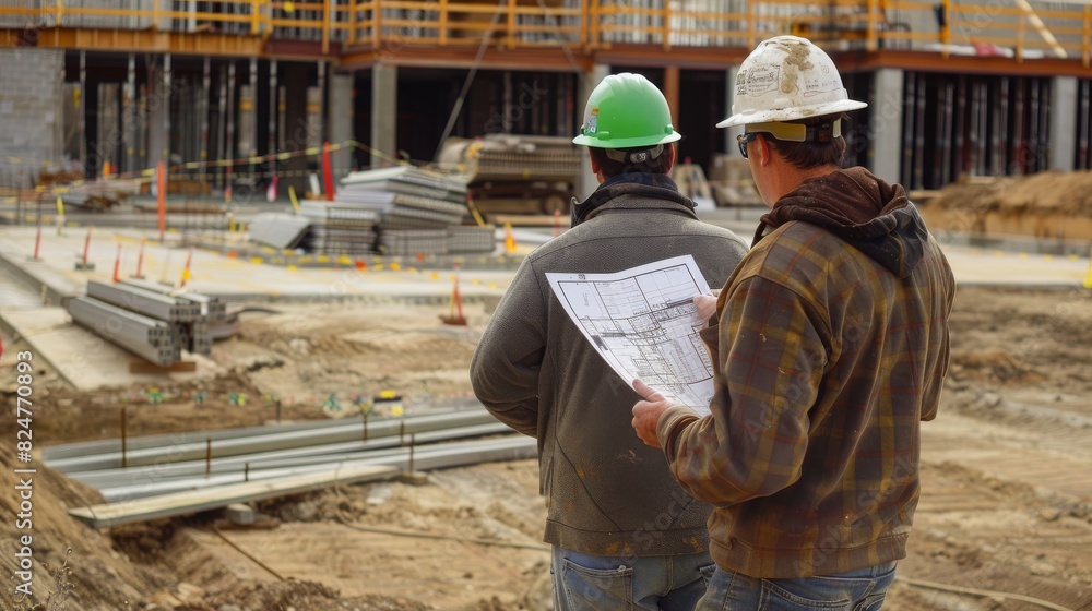 An engineer reading a floor plan at a construction site An engineer reading a floor plan at a construction site