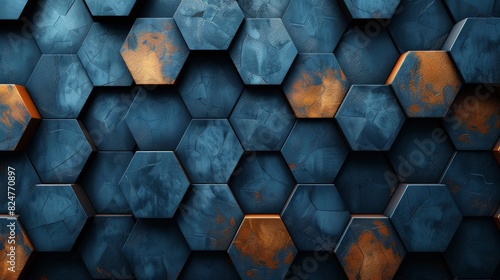 A dynamic pattern of blue hexagonal tiles featuring striking orange accents depicts an intriguing geometric design