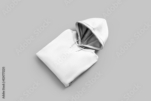 White hoodie template, diagonal presentation of folded sweatshirt with hood, ties, front view, pullover isolated on background for advertising.