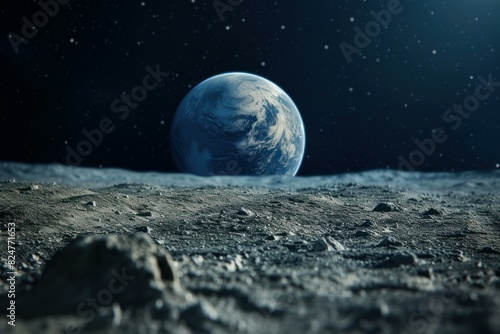 Breathtaking image capturing earth rising above the lunar horizon amidst the stars