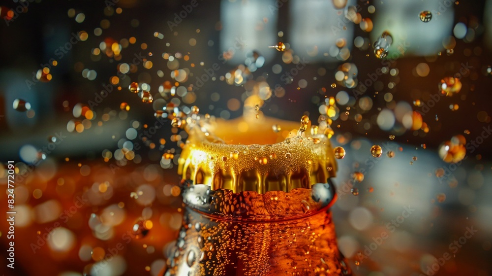 Energetic Beer Splash in a Glass Against a Warm Bokeh Background. Generative ai Energetic Beer Splash in a Glass Against a Warm Bokeh Background. Generative ai