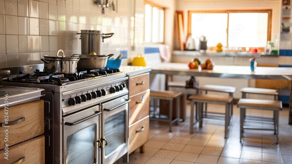 interior kitchen and dining room, refectory area, cooking equipment, table furniture. Generative Ai interior kitchen and dining room, refectory area, cooking equipment, table furniture. Generative Ai