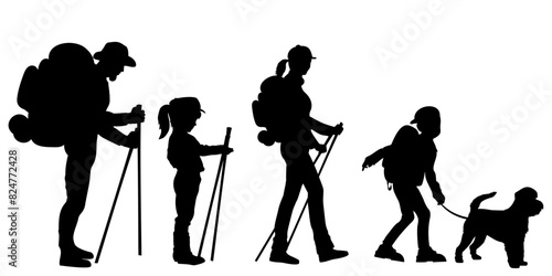 Family silhouettes. Father, mother and children hiking together. Vector illustration