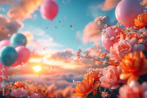 A bright and cheerful 3D composition with colorful balloons floating up into a sky filled with fluffy