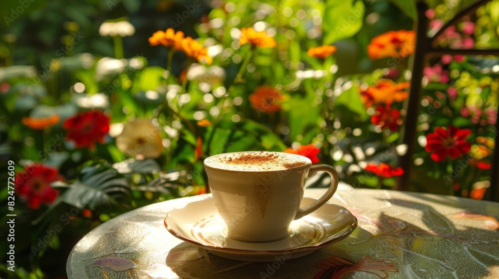 Cappuccino on floral table in a garden Cappuccino on floral table in a garden