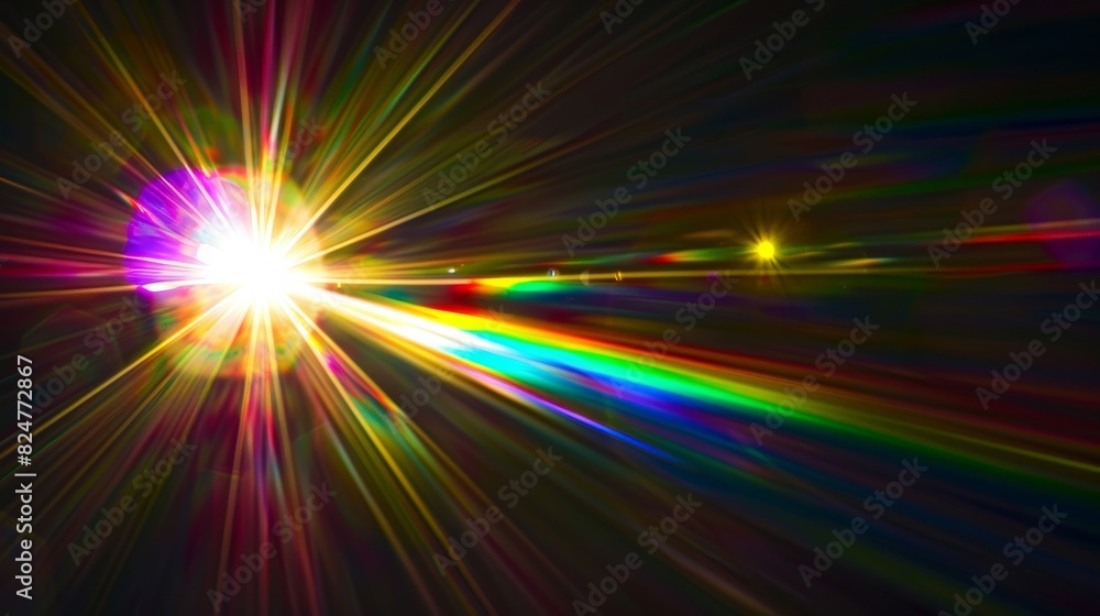 Rainbow light reflection on black background from a neon lens flare prism Rainbow light reflection on black background from a neon lens flare prism