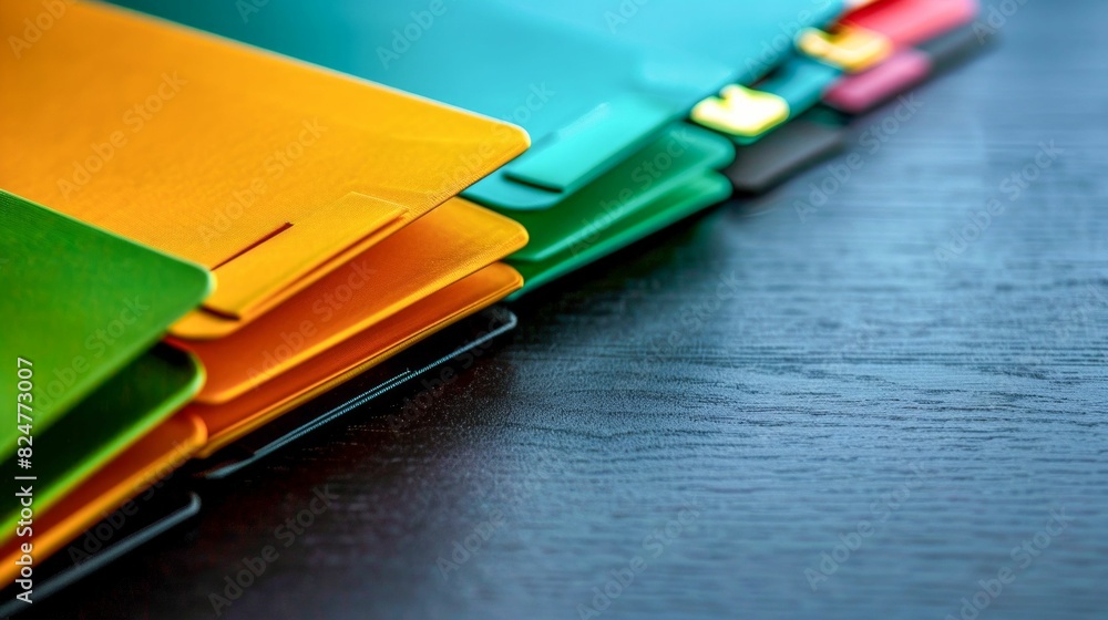 Sleek Array of Colorful File Folders on a Dark Wooden Surface. Generative ai Sleek Array of Colorful File Folders on a Dark Wooden Surface. Generative ai