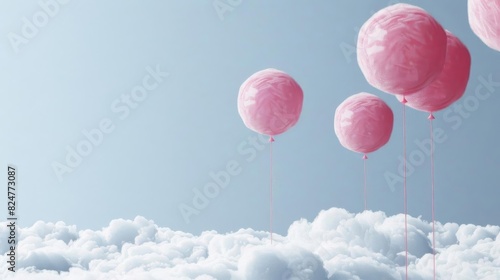 A serene illustration of cartoonstyle 3D balloons floating among fluffy clouds against a soft blue background, ideal for children s book illustrations photo