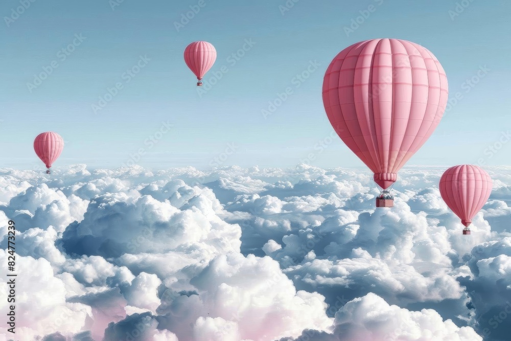 A serene illustration of cartoonstyle 3D balloons floating among fluffy clouds A serene illustration of cartoonstyle 3D balloons floating among fluffy clouds