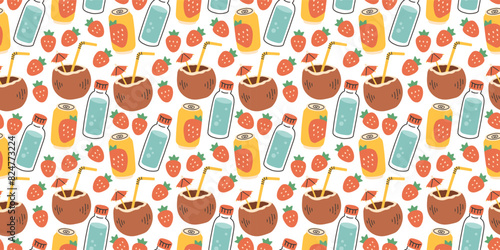 Hand drawn summer pattern with strawberry drink, water, coconut, seamless pattern for fabric, wrapping paper, cover