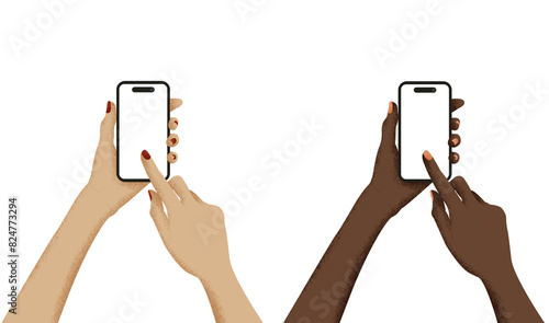 Fotografie Set of female hands holding phone transparent screen, transparent background, pn