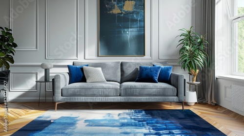 Gray velvet couch with blue rug and a mid-century modern aesthetic living room