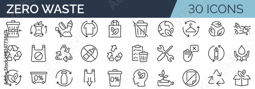 Set of 30 outline icons related to zero waste. Linear icon collection. Editable stroke. Vector illustration