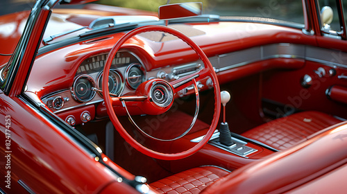 Retro styled classic car interior with red loath