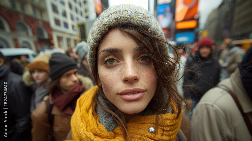 Portrait of a young woman with an engaging expression on a crowded city street