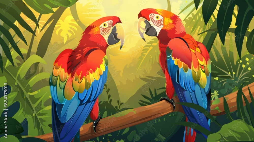 An illustration of colorful macaws against a tropical backdrop