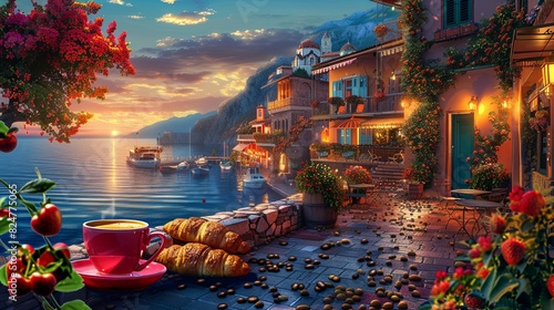 Greek village by the sea, A cup colorful coffee , strawberry , surrounded with glowing flowers, croissants and coffee beans