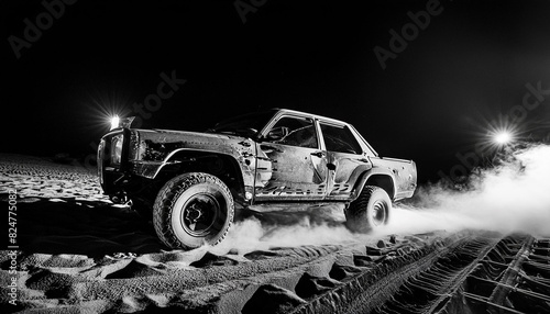 mad max style, rusty demagerd offroad car riding through post apocalyptic desert photo