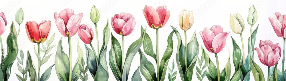 Elegant botanical illustration with tulips and lush foliage in gentle watercolor, perfect for a serene spa or wellness center Elegant botanical illustration with tulips and lush foliage in gentle watercolor, perfect for a serene spa or wellness center