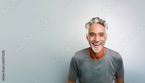 Cheerful happy smiling senior caucasian man, smiles looking confidently at camera, isolated over gray background. Generative Ai.