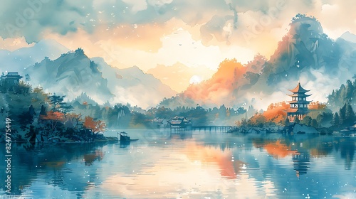 Explore the breathtaking beauty of natural tourist attractions through a dreamy watercolor rendering. photo