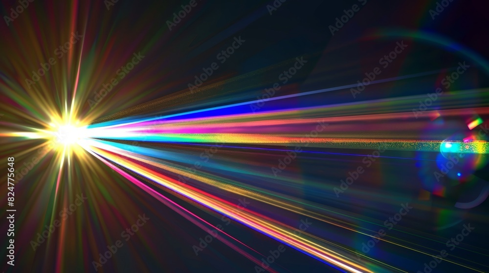 Rainbow light reflection from a neon lens flare prism on a black background Rainbow light reflection from a neon lens flare prism on a black background