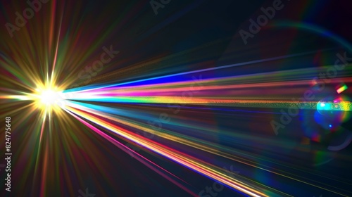 Rainbow light reflection from a neon lens flare prism on a black background