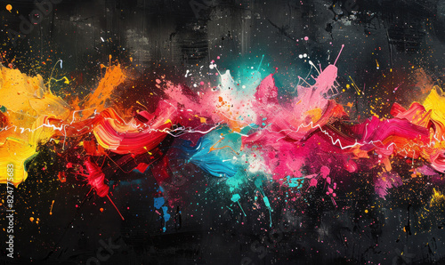 Explosion of colorful paint splatters on a textured black canvas. , Generate AI