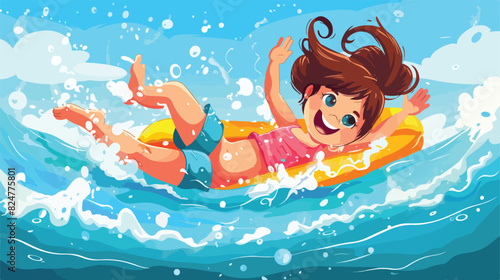 Smiling girl falling down in water. Summer beach kid