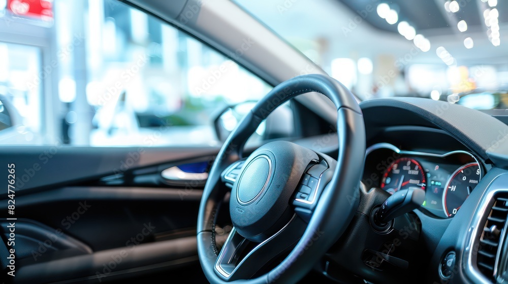 Capture a close-up of a car's dashboard and steering wheel, with the showroom setting visible through the windshield.