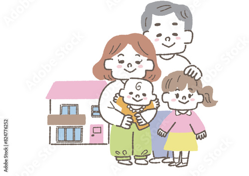 一軒家に住んでいる4人家族のイラスト