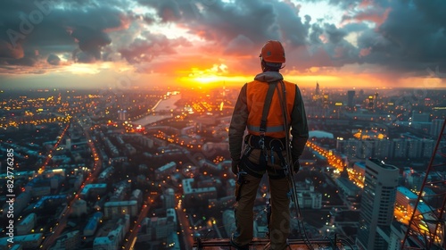 A construction worker stands on a high steel beam overlooking the dawn skyline of a city, evoking a sense of anticipation and progress photo