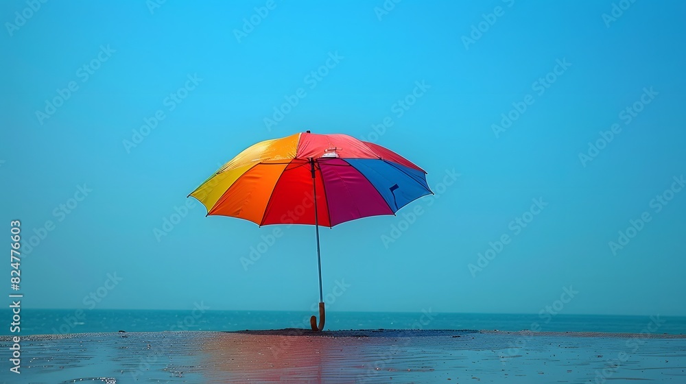 A serene image of a rainbow-colored umbrella against a clear blue sky, symbolizing protection and support for the LGBTQ+ community. List of Art Media Photograph inspired by Spring magazine