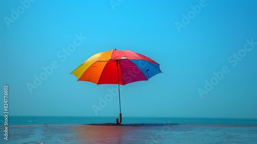 A serene image of a rainbow-colored umbrella against a clear blue sky, symbolizing protection and support for the LGBTQ+ community. List of Art Media Photograph inspired by Spring magazine