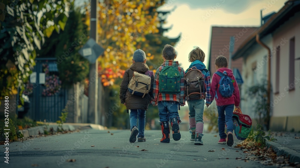 Obraz premium Group of young children walking together in friendship, back-to-school concept on their first day of school