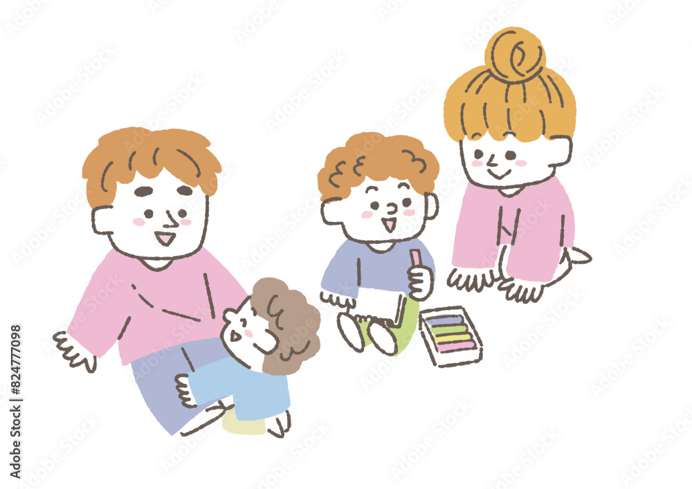 家族で床で遊んでいるイラスト 家族で床で遊んでいるイラスト