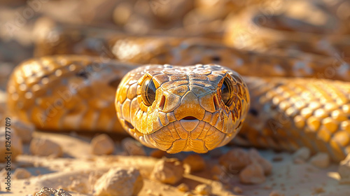 Close-up of a golden snake on a rocky surface, highlighting its scales and eyes in natural sunlight.