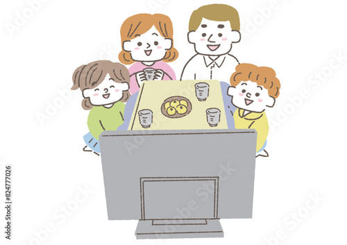 家族で炬燵を囲んでテレビを見ているイラスト