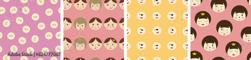 Four seamless patterns bundle, young girlish faces. Seamless colorful design, female countenance, drawn continuous background.