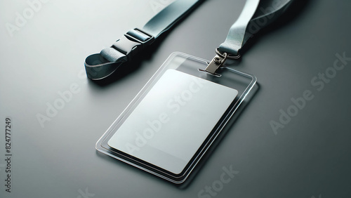 mockup of a plastic badge ID card, attached to a grey ribbon. This template caters to employees photo