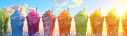 Colorful rainbow slushies in clear cups with straws, set against a bright sky, capturing the vibrant and refreshing essence of summer. photo