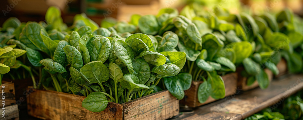 Fresh green spinach leaves in wooden boxes at a market stall. Perfect for a healthy, organic food concept. Fresh green spinach leaves in wooden boxes at a market stall. Perfect for a healthy, organic food concept.