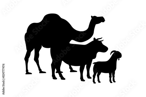 Cow  camel  and goat silhouettes for farm stock design. Eid al-Adha sacrifice animal silhouette vector illustration