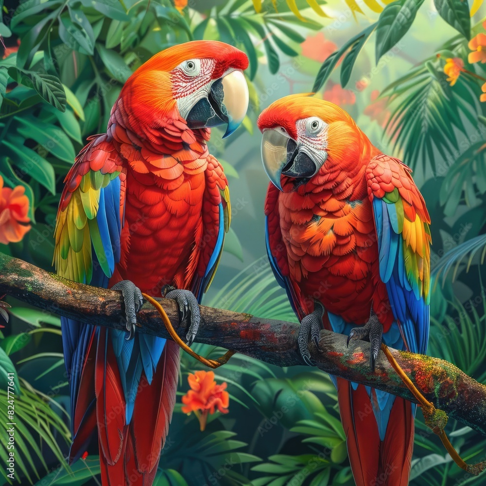 Vibrant red parrots perched on a branch in a lush tropical forest with vivid green foliage and colorful flowers.