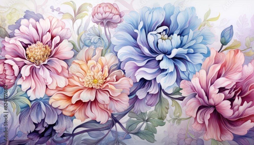 Obraz premium Vibrant watercolor floral painting featuring colorful, blooming flowers with intricate petals and greenery, perfect for artistic projects.